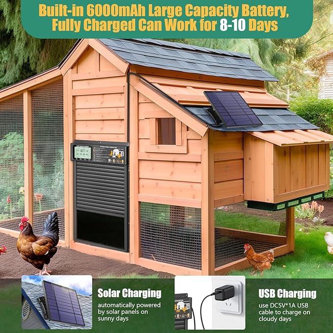 Automatic Chicken Coop Door Opener, Space-Saving Roll-up Design, 11.8" x 18.9" Aluminum Alloy Poultry Door for Ducks Geese, Solar Panel with Built-in 6000mAh Battery, Support USB-A Power