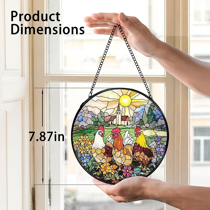 TNUW Chicken Flower Stained Glass Window Hanging, Rustic Farmhouse Chicken Flower Garden Sun Catchers Indoor Window Glass Round Wall Art Decor, Farm Animal Wall Hanging Decorations, 7.9＂x7.9＂