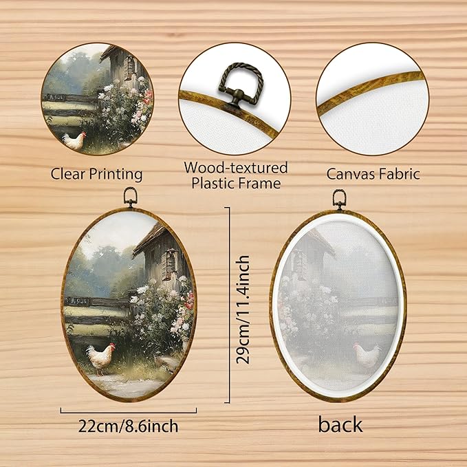 Hiuwevt Vintage Farmhouse Chicken Oval Wall Art Decor, Retro Country Farm Animal Framed Canvas Prints, Rustic Cottagecore Chicken Oval Wall Hanging Decor for Kitchen Home Decorations, 8.6x11.4 Inches