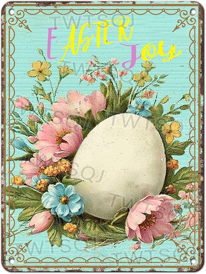Easter Egg Retro Tin Sign Fun Metal Sign “Easter Joy” For Home Living Room Garden Yard Outdoor Wall 12X16Inch