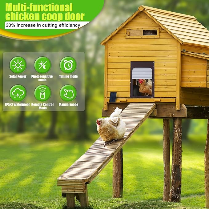 Automatic Chicken Coop Door Solar Powered - Remote Control/Timer/Light Sensor 3 Modes, Anti-Pinch Safety System with LCD Display & Auto Lock