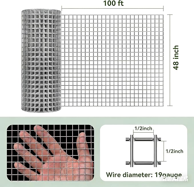 Amagabeli Hardware Cloth 1/2 inch 48 x 100 ft 19 Gauge Chicken Wire Fence Hot-Dipped Galvanized After Welding Welded Wire Fencing Mesh Roll Plant Support Gopher Snake Rodent Rabbit Poultry Netting