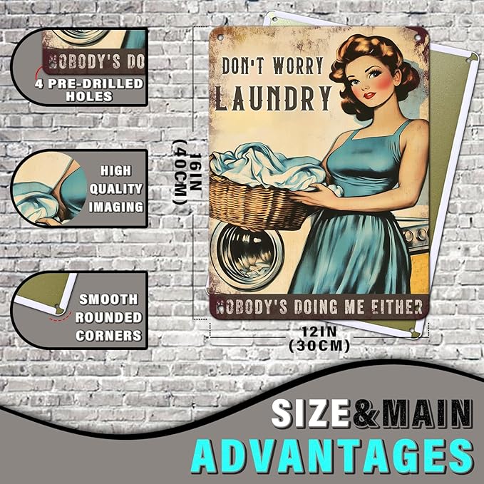 PEACHGARDEN Don't Worry Laundry Vintage Tin Sig Funny Sarcastic Retro Housewife Design Metal Tin 1950s Mom Laundry Sign Laundry Room Wall Decor for Home 12x16inch