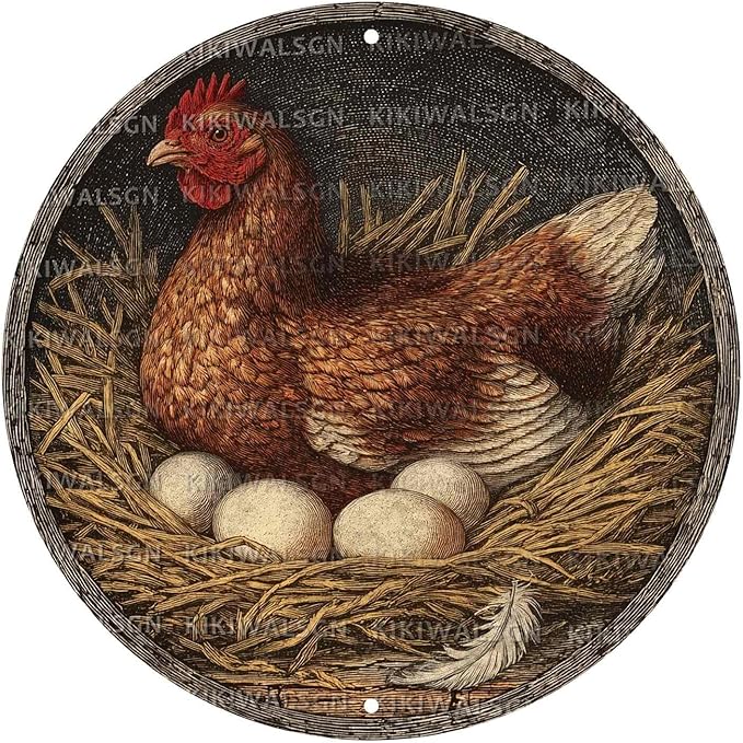Vintage Chicken Hen Rooster Round Metal Sign Retro Chicken Lovers Tin Sign Nostalgic Rustic Wall Decor Kitchen Yard Fence Door Outside Farmhouse Coop Poultry House 12 * 12 In