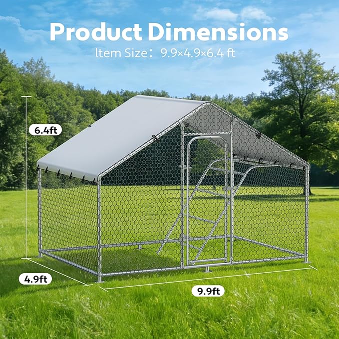 Large Metal Chicken Coop with Perch, Chicken Run Pen Walk-in Poultry Cage with Waterproof & Anti-Ultraviolet Cover for Outdoor Farm Use,Spire Roof(9.9" W x 5" L x 6.4" H)