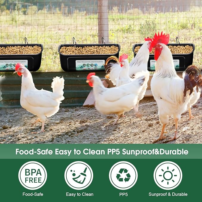 4 Pack Chicken Duck Feeder, Poultry Feeders and Waterers, Hanging Goat Feeder, Livestock Feeding Container, Feed Trough and Waterer Bucket with Clips(Black)