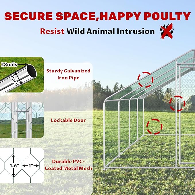 Chicken Coop Large Metal Chicken Run Pen for 20 Chickens Poultry Cage with Waterproof Cover for Walk-in Chicken Run for Yard Outdoor
