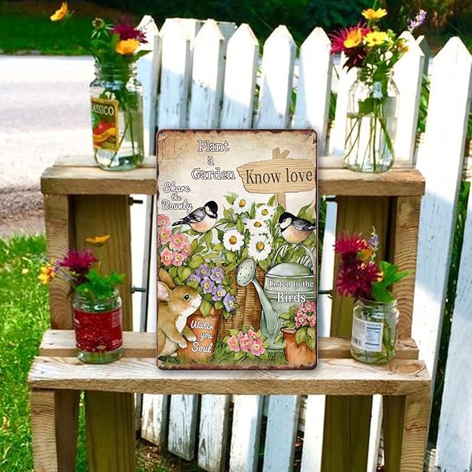 Vintage Metal Tin Signs - Bird & Flower Garden Plaques, Decorative Outdoor 8x12 Inch