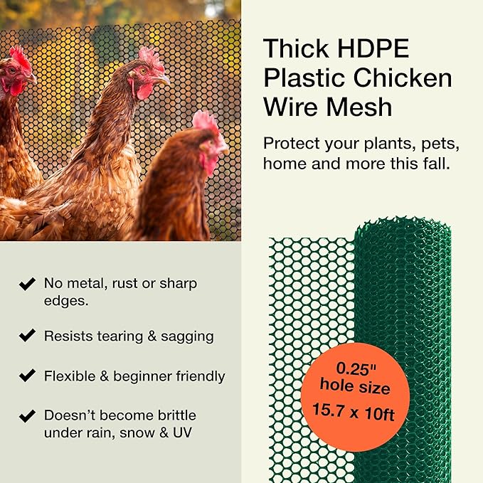 MaPorch Plastic Chicken Wire Mesh Fence - Green Mesh, 15.7 in x 10 ft - Quick-Install Chicken Wire Fencing - Plant Protectors from Animals - Weather-Resistant Garden Netting - Pet & Poultry Netting