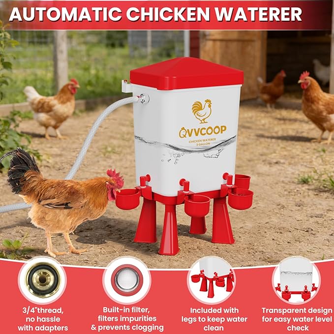 Automatic Chicken Waterer with Float Valve, Float Control Poultry Waterer with Hose for Duck Turkey, Chicken Coop Accessories, Standing/Hang Use, 3 Gallon(Upgraded), Red