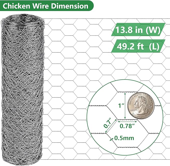 13.8 in x 49 ft Chicken Wire Fencing, Rustproof Galvanized Iron Chicken Wire Mesh for Pet Rabbit, Floral Chicken Wire Roll Netting to Protect Poultry Plant Fruit