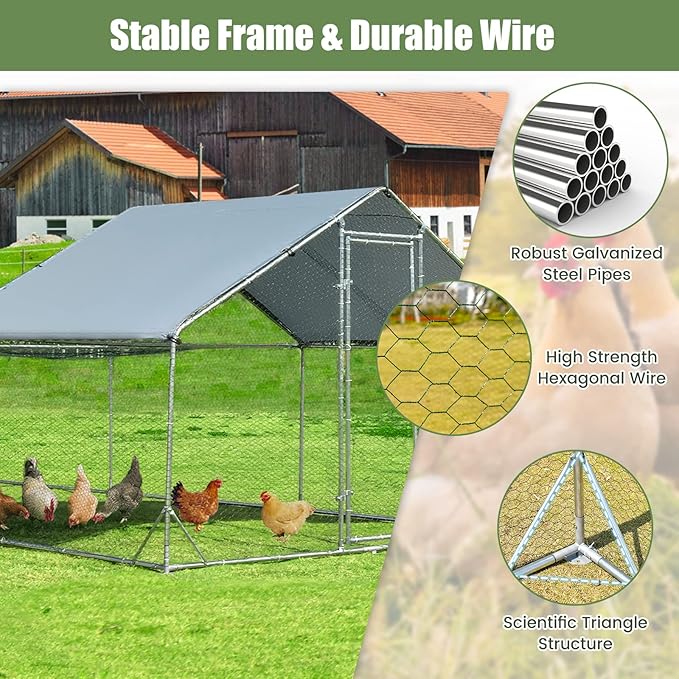 Giantex 20ft Large Metal Chicken Coop, Walk-in Chicken Run Poultry Cage, Waterproof and Sun-Proof Cover, Galvanized Steel Frame, Hen Duck Rabbit House Outdoor Farm Yard (20 x 10 ft, Half Spire)