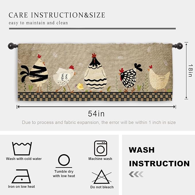 Miyotaa Rooster Farmhouse Kitchen Curtain Valance 54W x 18H Rod Pocket Rustic Farm Chicken Rural Country Plaid Window Treatment for Living Room Bedroom Bathroom Laundry