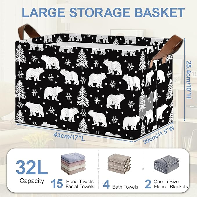 Bear Forest Collapsible Storage Box,Snowflake Winter Organizer Bin with Handles for Room Decoration,Bins Book Basket Box 17x11.5x10Inch