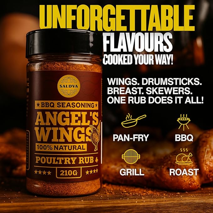 Angel's Wings BBQ Chicken Rub - 100% Natural Aromatic Wings Seasoning - Perfect Blend Of Spices For Amazing Chicken BBQ And Grill Dishes - Large Jar (210g)