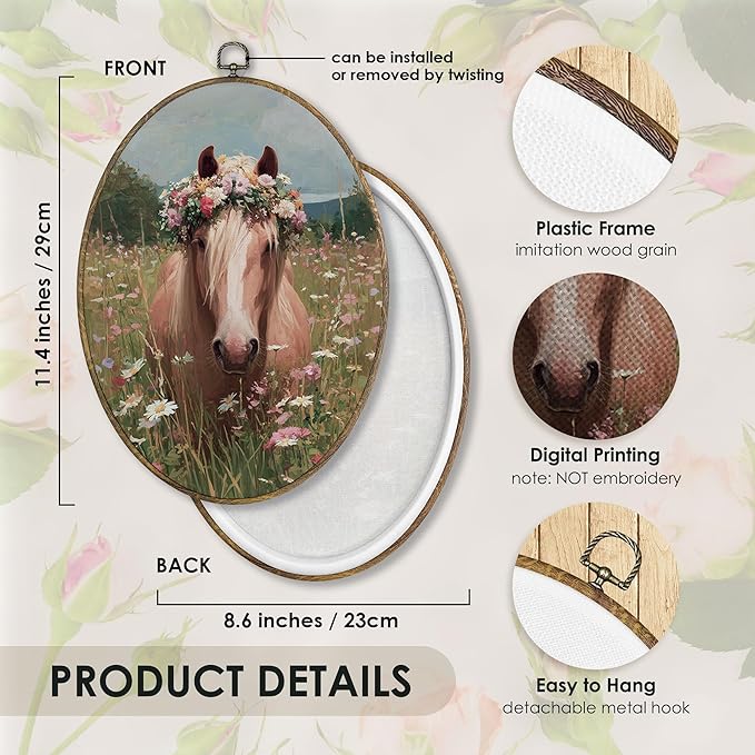 Fewgb Vintage Horse Oval Wall Art Decor Framed Gifts for Horse Lovers, Rustic Farmhouse Cottagecore Wildflower Canvas Wall Art Prints Picture, Horses Hanging Decor Artwork for Bedroom Living Room 9x12
