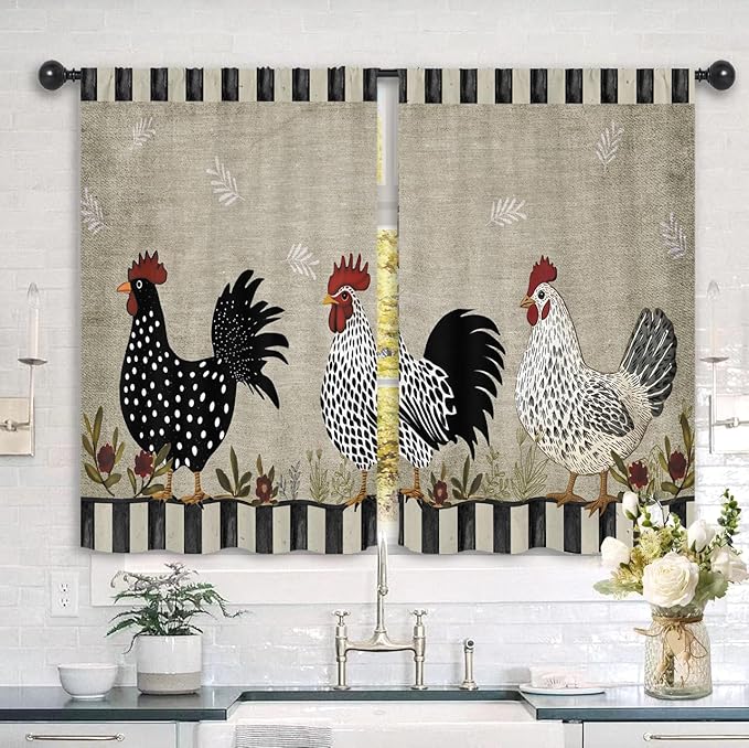 Rustic Farmhouse Rooster Kitchen Curtains 27.5W x 39L Inch Chicken Farm Country Vintage Rural Rod Pocket Short Small Window Treatment Drapes Decor 2 Panels