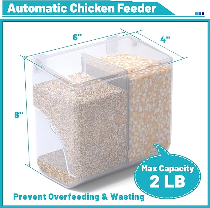 Automatic Chicken Feeder, Hanging Food Dispenser for Chicken Coop, No Waste Feeder with 2 Holes, Coop Accessories for Keep Food Dry & Keep Coop Tidy