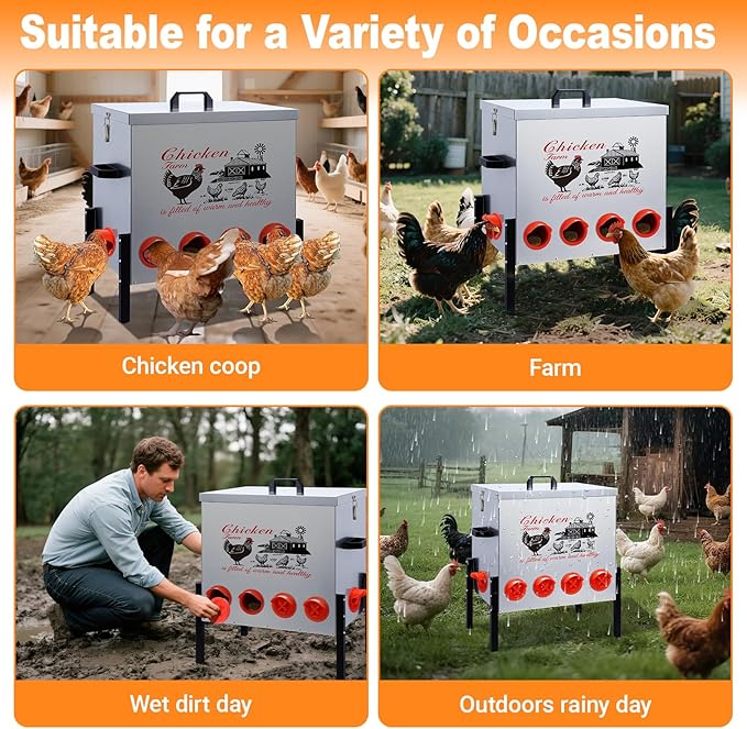 100 LB Automatic Chicken Feeder 10 Port L No-Waste Ports Heavy-Duty Outdoor Metal Feeder with Adjustable Height,Locking Lid & Riveted Handles,Rustproof Feed Box for Poultry & Backyard