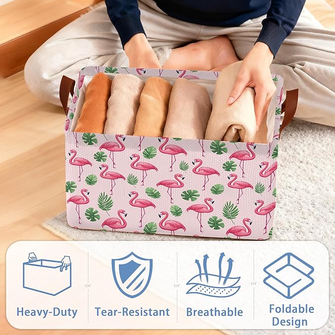 Flamingo Storage Baskets,Palm Leaves Tropical Foldable Organizer Bin with Handles for Home Living Room Bedroom Closet Box 17x11.5x10Inch