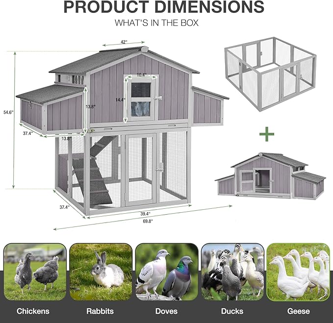 Large Chicken Coop for 6-8 Chickens, Double Folding Wooden Chicken House with 2 Nesting Boxes, Reinforced Iron Frame, Pull-Out Tray & Waterproof Roof, Outdoor Poultry Cage