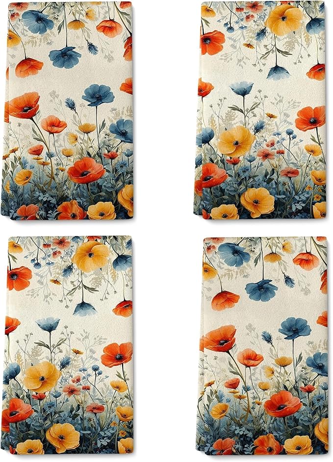 Rustic Wildflower Decorative Kitchen Dish Towels, Colorful Floral Hand & Tea Towel Set of 4, Orange and Blue Dish Cloths for Farmhouse Kitchen Cleaning Drying, Spring Summer Decor
