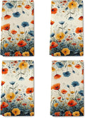 Rustic Wildflower Decorative Kitchen Dish Towels, Colorful Floral Hand & Tea Towel Set of 4, Orange and Blue Dish Cloths for Farmhouse Kitchen Cleaning Drying, Spring Summer Decor