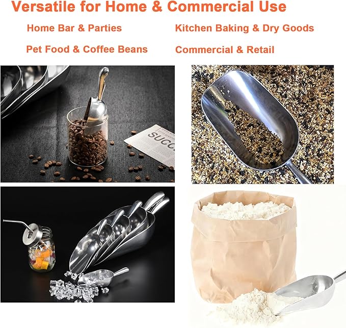 6 OZ Cast Aluminum Utility Scoop, One-Piece Solid Ice Scoop for Ice Bucket, Bar, Kitchen, Multipurpose Food Scooper for Flour, Sugar, Popcorn, Dog Food (Silver) (6OZ)