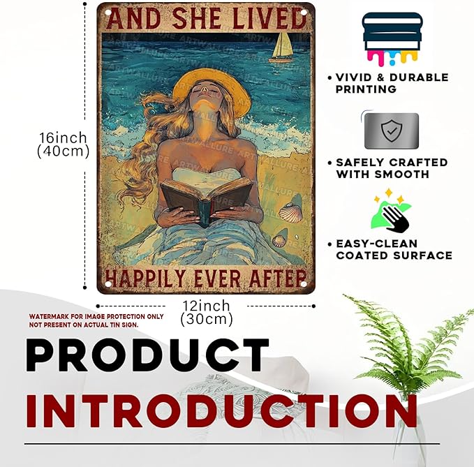 Vintage Inspired Quote Metal Tin Sign And She Lived Happily Ever After Rustic Home Decor For Cozy Corner Bookstore Cafe Girls Room Storybook Theme 12x16inch