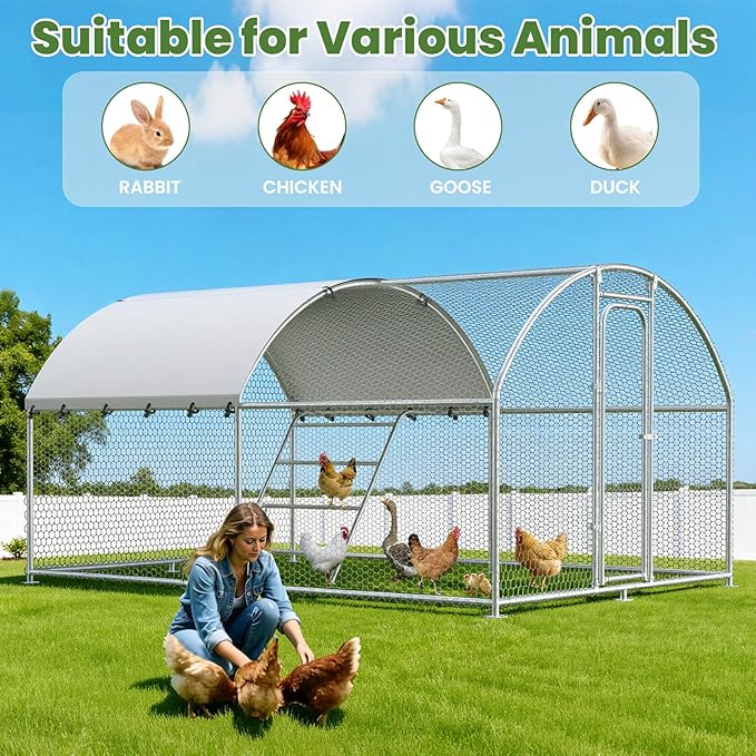 Large Metal Chicken Coop with Roosting Perch, Waterproof and UV-Resistant Cover, Outdoor Walk-in Cage Hen House for Yard Farm Rabbit Duck Chicken Run Dome Roof (10’ W x 13.2’ L x 6.4’ H)