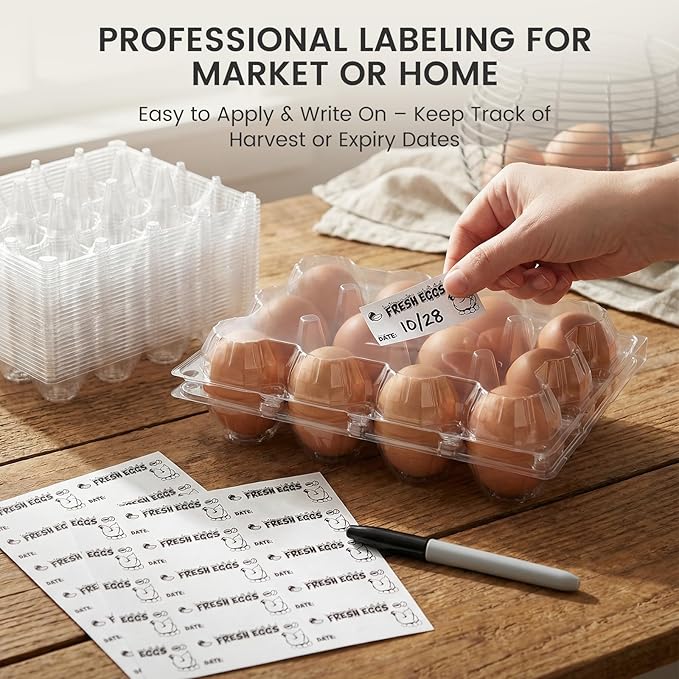 LOVEINUSA 60 Pack 12-Count Clear Plastic Egg Cartons with 60 Date Labels, Reusable PET Dozen Egg Holders for Medium Chicken Eggs, Clamshell Cartons for Farm, Home Fridge & Market Display