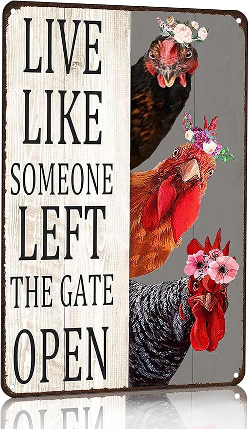 Chiken Gifts Vintage Chicken Sign Live Like Someone Left The Gate Open Tin Sign for Home Chicken Coop Farm Fence Kitchen Bathroom Bedroom Decor 8x12 Inches (3298)
