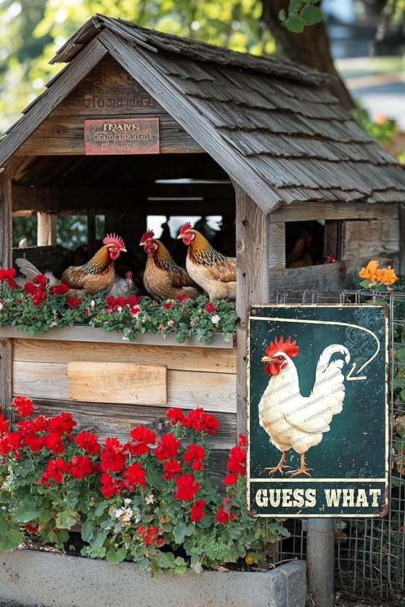 Rustic Chicken Farm Chicken Coop Metal Tin Signs Guess What Chicken Metal Poster Home Garden Farmhouse Restaurant Garage Vintage Aluminium Sign Art Wall Decor 16x12 Inch