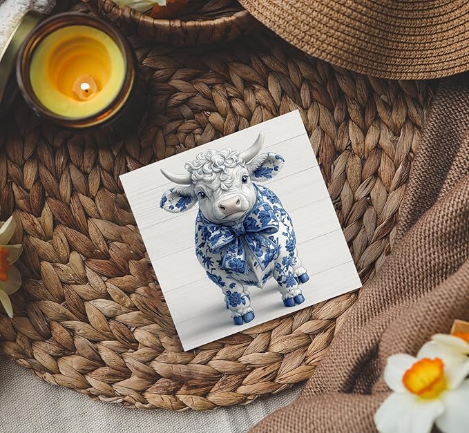 Blue and White Chinoiserie Cow Wooden Signs, Grand Millenial Bow Blue Cow Floral Home Decor Signs, Chinoiserie Porcelain Desk Decorations, Farmhouse Animal Office Kitchen Bathroom Decor