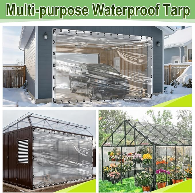 10x20ft Anti-Tear Clear Tarp Waterproof for Patio Winterizing - 5 mil Snowproof & Windproof Clear Plastic Tarps with Grommets for Garden Enclosure Chicken Coop