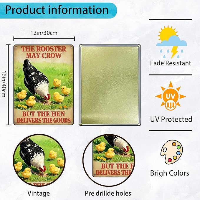 Funny Rooster Decor The Rooster May Crow But The Hen Delivers The Goods Rustic Tin Sign For Home Farm Chicken Coop Decor 16x12 Inch