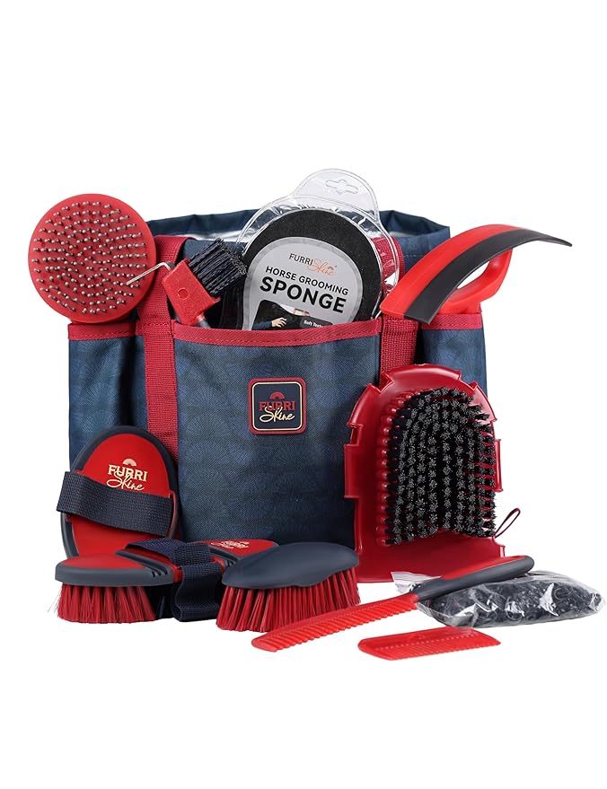 11-Piece Professional Horse Grooming Kit with Waterproof Tote Bag, Non-Slip Silicone Grip Brush Set, Curry Comb, Hoof Pick & Mane Comb Shadowberry