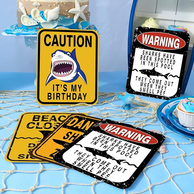 WERNNSAI Shark Party Decorations - 6 PCS Funny Shark Birthday Party Decoration Signs for Boys Kids Under The Sea Theme Birthday Baby Shower Supplies Ocean Shark Sign Decor for Jaws Party Decorations