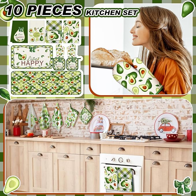 10 Pcs Avocado Farmhouse Kitchen Decor Set Dish Towels Kitchen Rugs Oven Mitts and Pot Holders Set for Cooking Baking Grilling Women Mom Daughter Gift(Green)
