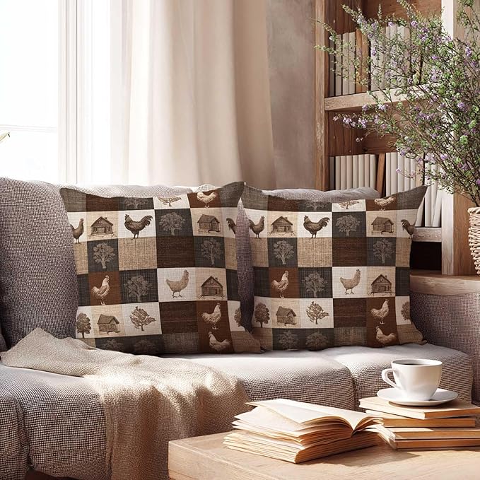 Farmhouse Chicken Patchwork Print Throw Pillow Covers 18x18 Inch, Set of 2 | Rustic Country Square Cushion Cases for Couch Sofa Bedroom | Neutral Brown Home Decor, Decorative Pillowcases