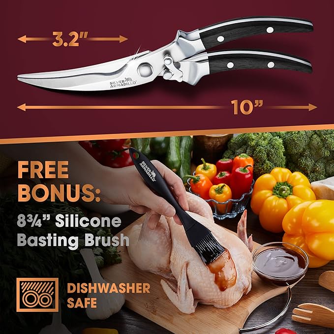 Heavy Duty Poultry Shears - Professional Stainless Steel Kitchen Scissors for Bone, Chicken, Meat, Fish & Vegetables - Spring Loaded (Black Wood Handles)