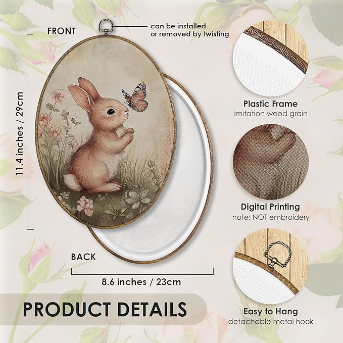 Fewgb Vintage Bunny Oval Wall Art Decor Framed for Rabbit Lovers Gifts, Easter Bunny Canvas Wall Art Prints Picture, Cottagecore Country Hanging Room Decor Artwork for Nursery Gallery Bedroom 9x12