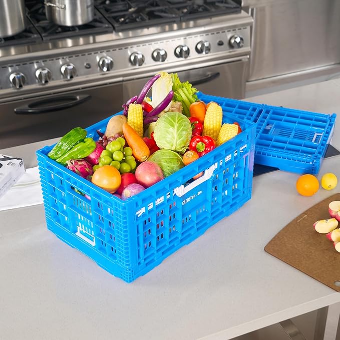 Restaurantware Plastic Milk Crates for Storage - Cater Tek Stackable Storage Buns for Organizing - Collapsible Storage Basket for Groceries, Home Supplies, Blue