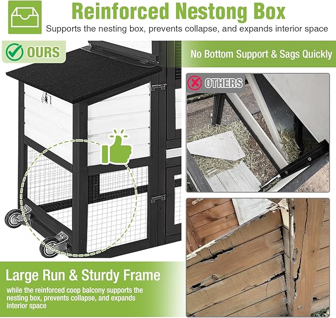 GUTINNEEN Mobile Chicken Coop with Wheels for 2-4 Chickens, Expandable Wooden Hen House with Divided Nesting Box, Reinforced Coop Balcony, Roosting Perch, Metal Pull-Out Tray, 82.4" L (Black ＆ White)