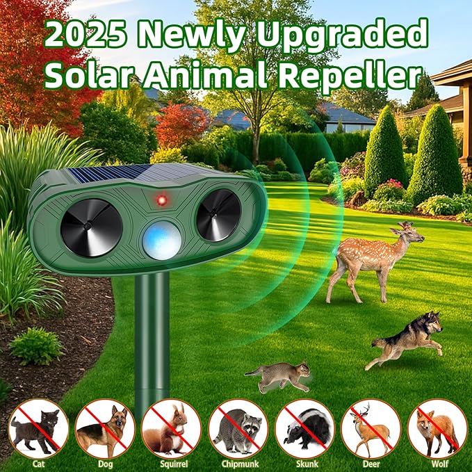 2026 IP65 Sonic Raccoon Fortress Pro Deer Repellent Outdoor, Solar Ultrasonic Animal Repellent Outdoor Squirrel Deterrent with Motion Sensor to Scare Cat Rabbit Skunk Dog Out of Garden Farm(4Pack)