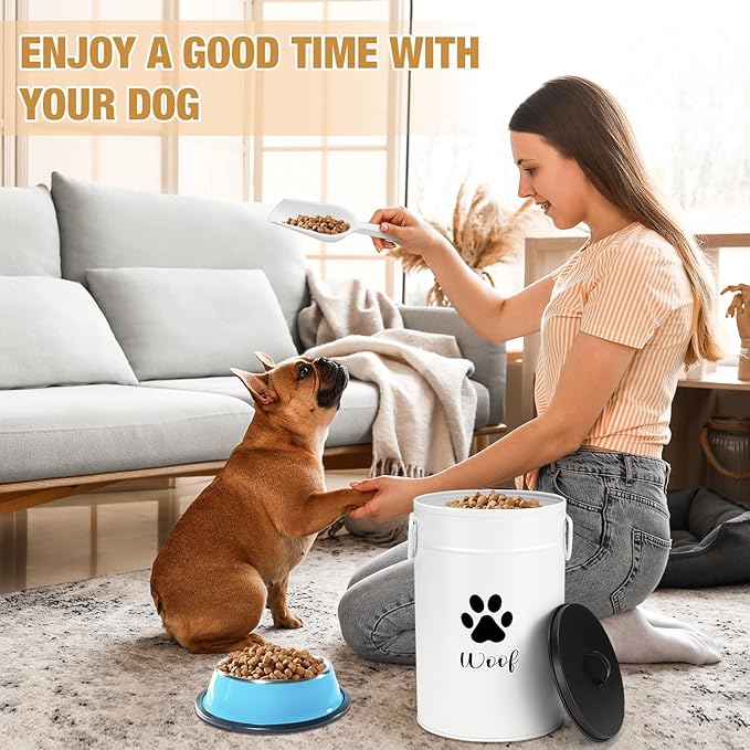 Extra Large 30+14 lbs Metal Dog Food Storage Containers Set of 2 Airtight Dog Treat Snack Jars with Lids and Spoon Farm House Style Big Pet Cookie Storage Bin for Kitchen Counter Gift