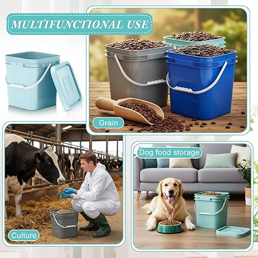 Mumufy 3 Pcs 3.5 Gallon Square Food Grade Bucket with Lid Square Bucket Pail Plastic Handles for Long Term Food Storage, Camping, Fishing, Home Organization Easy Stack and Store (Aqua,Gray,Blue)