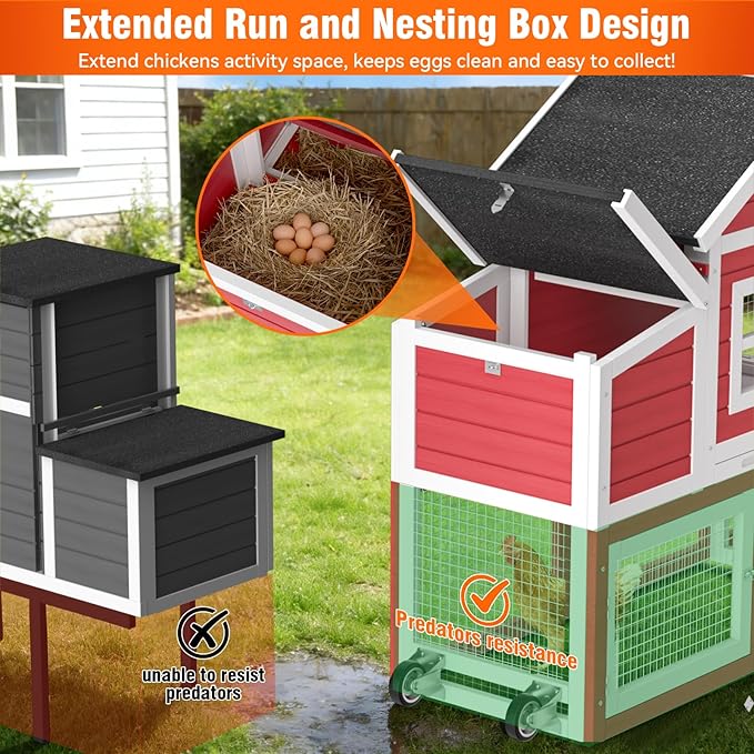 Chicken Coop for Outdoor, Mobile Poultry Cage with Wheels, Nesting Box, Weatherproof Roof and Leakproof Pull-on Tray for 4-6 Chickens, 78.7" L x 21.5" W x 43.7" H (Red)