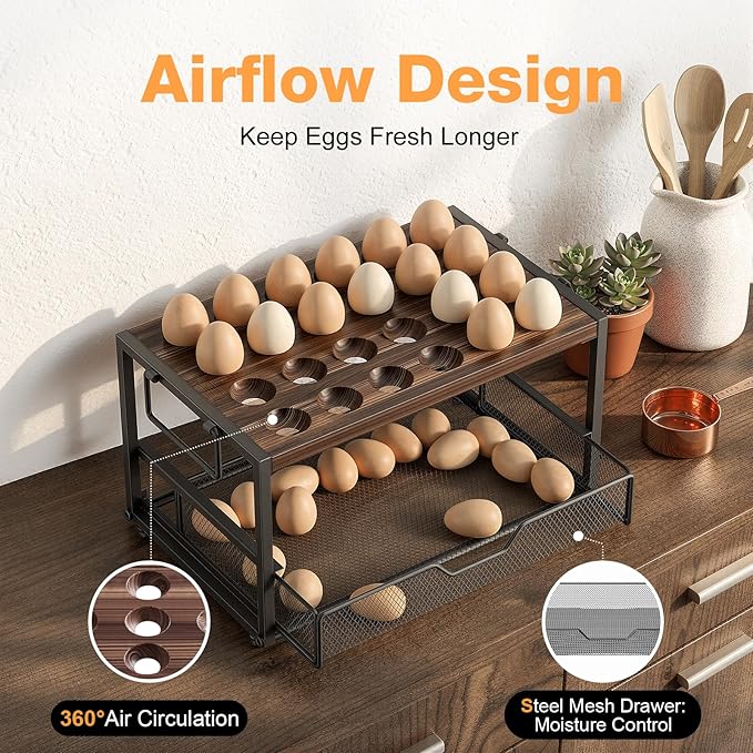 2-Tier Wooden Egg Storage Organizer with Basket – Holds 24+60 Chicken, Duck & Quail Eggs – Compact Countertop Holder with Carry Handle for Easy Transport