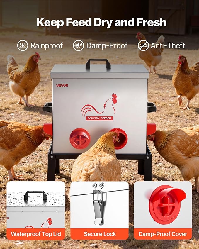 VEVOR Automatic Chicken Feeder, 50 lbs Capacity, 6 Feeding Ports No-Waste Poultry Feeder with Built-in Divider, with Latch & Handle, Metal Construction, for Chickens Bantams Pheasants Poultry Coop